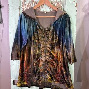 ONE WORLD Colorful velvet burn out Zip-Up Hoodie